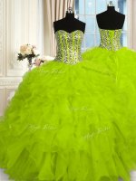 Floor Length Yellow Green Casual Dresses Organza Sleeveless Beading and Ruffles