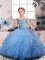 Blue Ball Gowns Tulle Off The Shoulder Sleeveless Beading and Ruffles Floor Length Lace Up Little Girl Pageant Gowns