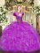 Fuchsia Lace Up Sweetheart Beading and Ruffles 15th Birthday Dress Organza Sleeveless