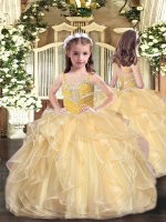 Gold Straps Lace Up Beading and Ruffles Little Girl Pageant Dress Sleeveless