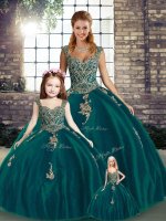 Fashion Peacock Green Ball Gowns Beading and Appliques Ball Gown Prom Dress Lace Up Tulle Sleeveless Floor Length
