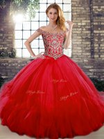 On Sale Red Off The Shoulder Lace Up Beading and Ruffles Quince Ball Gowns Sleeveless(SKU SJQDDT2105002-2BIZ)