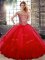 On Sale Red Off The Shoulder Lace Up Beading and Ruffles Quince Ball Gowns Sleeveless