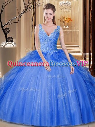 Lovely Sequins Pick Ups Floor Length Royal Blue Ball Gown Prom Dress V-neck Sleeveless Backless