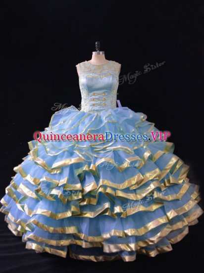 Custom Fit Blue Ball Gowns Scoop Sleeveless Organza Floor Length Lace Up Ruffled Layers Quinceanera Gowns - Click Image to Close