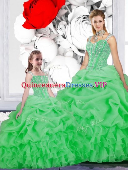 Straps Green Organza Lace Up Quinceanera Gowns Sleeveless Floor Length Beading and Ruffles and Pick Ups - Click Image to Close