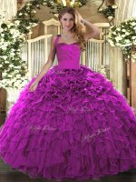 Admirable Fuchsia Ball Gowns Ruffles Quince Ball Gowns Lace Up Organza Sleeveless Floor Length