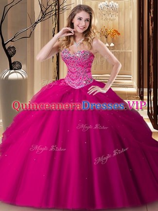 Wonderful Ball Gowns Quinceanera Gown Fuchsia Sweetheart Tulle Sleeveless Floor Length Lace Up