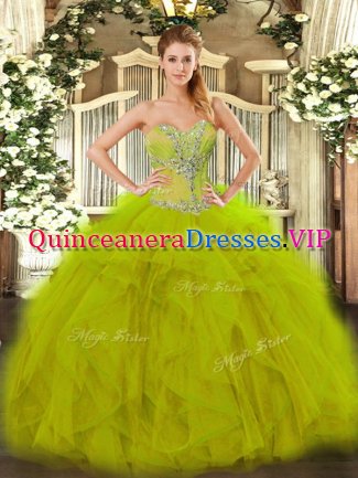 Olive Green Ball Gowns Sweetheart Sleeveless Organza Floor Length Lace Up Beading and Ruffles Ball Gown Prom Dress