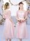 Custom Design Tea Length Baby Pink Quinceanera Court of Honor Dress Tulle Half Sleeves Lace and Belt