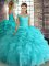 Fashion Aqua Blue Sleeveless Organza Lace Up Quinceanera Gowns for Military Ball and Sweet 16 and Quinceanera