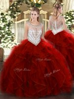 New Arrival Sleeveless Floor Length Beading and Ruffles Zipper Quince Ball Gowns with Wine Red
