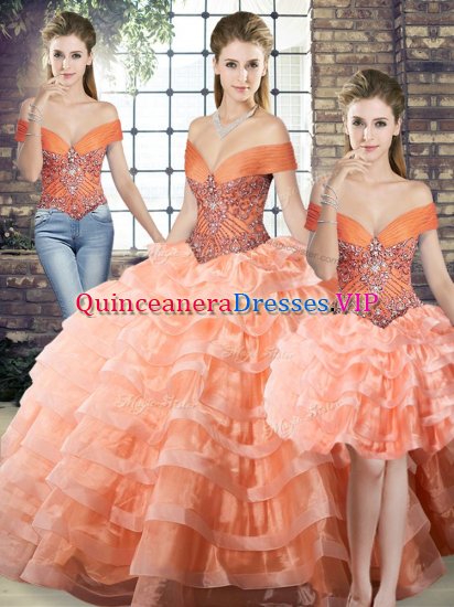 Peach Quinceanera Dress Military Ball and Sweet 16 and Quinceanera with Beading and Ruffled Layers Off The Shoulder Sleeveless Brush Train Lace Up - Click Image to Close