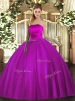 Tulle Strapless Sleeveless Lace Up Ruching Quinceanera Dresses in Fuchsia