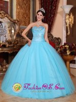 Sweetheart Beaded Decorate Pretty Baby Blue Quinceanera Dress Made In Tulle and Taffeta in Consuelo Dominican Republic