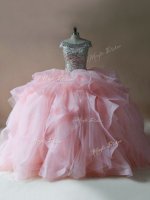 Tulle Off The Shoulder Sleeveless Brush Train Lace Up Beading and Ruffles Quinceanera Dress in Pink