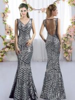 Silver Mermaid Sequins Damas Dress Side Zipper Sleeveless Floor Length