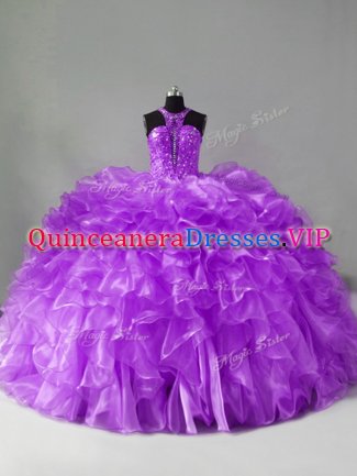 Sleeveless Organza Brush Train Zipper Sweet 16 Dresses in Purple with Beading and Ruffles