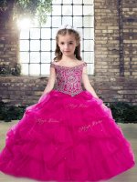 Fuchsia Ball Gowns Organza Off The Shoulder Sleeveless Beading and Pick Ups Floor Length Lace Up Kids Formal Wear(SKU PAG1232-3BIZ)