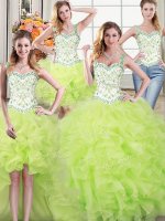 Four Piece Yellow Green Organza Lace Up Straps Sleeveless Floor Length Sweet 16 Dress Beading and Lace and Ruffles