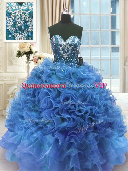 Blue Ball Gowns Beading and Ruffles Sweet 16 Quinceanera Dress Lace Up Organza Sleeveless Floor Length - Click Image to Close