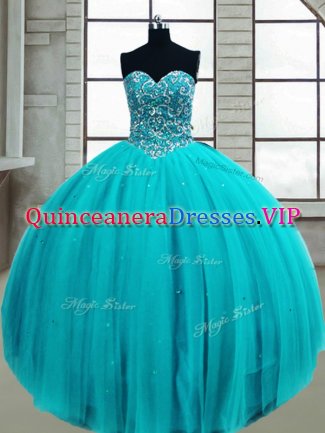 Aqua Blue Sleeveless Beading Floor Length Quinceanera Dress
