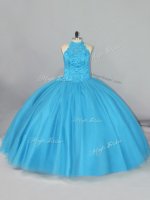 Stunning Aqua Blue Halter Top Neckline Beading and Lace Vestidos de Quinceanera Sleeveless Lace Up(SKU PSSW0844BIZ)