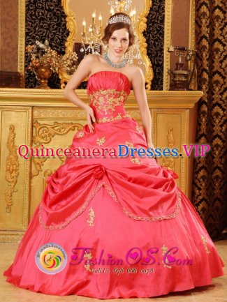 Southlake TX Stylish Strapless Watermelon Red Beading and Appliques Quinceanera Dress Party Style