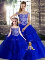 Elegant Royal Blue Quinceanera Dresses Tulle Brush Train Sleeveless Beading and Lace