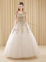 White Ball Gowns Scoop Short Sleeves Tulle Floor Length Lace Up Beading and Appliques Quinceanera Gowns(SKU YCQD0102BIZ)