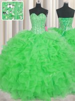 Visible Boning Green Organza Lace Up Sweetheart Sleeveless Floor Length Sweet 16 Dresses Beading and Ruffles