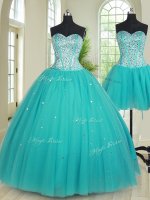 Lovely Three Piece Aqua Blue Sleeveless Tulle Lace Up Quinceanera Dresses for Military Ball and Sweet 16 and Quinceanera