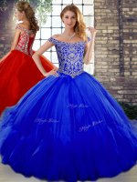 Beading and Ruffles Quinceanera Dress Royal Blue Lace Up Sleeveless Floor Length