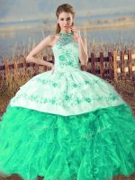 Super Turquoise Sleeveless Court Train Embroidery and Ruffles Ball Gown Prom Dress