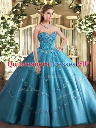 High Class Sweetheart Sleeveless Tulle Quinceanera Dress Appliques and Embroidery Lace Up