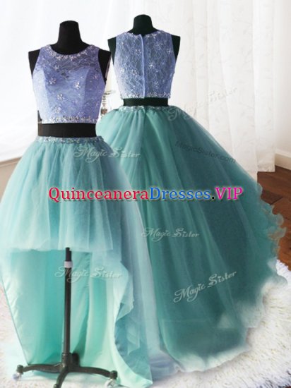 Three Piece Scoop Sleeveless Brush Train Zipper 15 Quinceanera Dress Apple Green Organza and Tulle and Lace - Click Image to Close