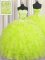 Glorious Handcrafted Flower Sleeveless Floor Length Beading and Ruffles and Hand Made Flower Lace Up Quince Ball Gowns with Yellow Green
