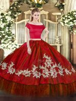 Off The Shoulder Short Sleeves Ball Gown Prom Dress Floor Length Embroidery Wine Red Organza and Taffeta