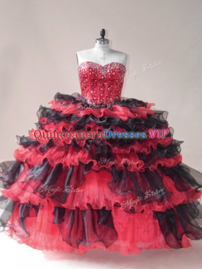 Luxury Red And Black Sleeveless Organza Lace Up 15th Birthday Dress for Sweet 16 and Quinceanera - Click Image to Close