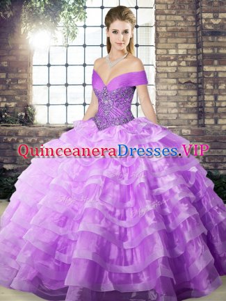 Extravagant Lavender Off The Shoulder Lace Up Beading and Ruffled Layers Quinceanera Dress Brush Train Sleeveless