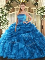 Latest Strapless Sleeveless Quinceanera Gowns Floor Length Ruffles and Pick Ups Blue Organza