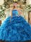 Latest Strapless Sleeveless Quinceanera Gowns Floor Length Ruffles and Pick Ups Blue Organza