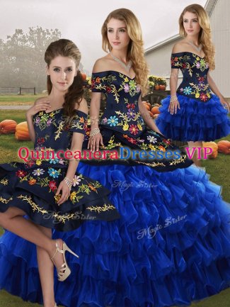 Floor Length Lace Up Ball Gown Prom Dress Blue And Black for Military Ball and Sweet 16 and Quinceanera with Embroidery and Ruffled Layers