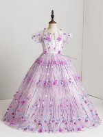 Hand Made Flower Party Dress Lilac Zipper Short Sleeves Floor Length(SKU SWLG183BIZ)