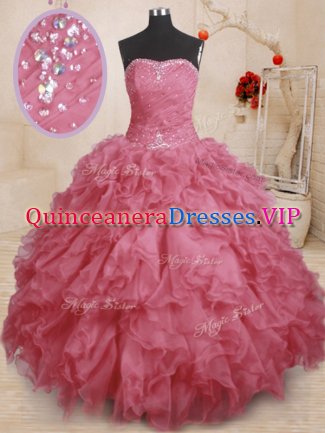 Pretty Sleeveless Lace Up Floor Length Beading and Ruffles and Ruching Sweet 16 Dress