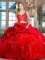 Vintage Taffeta and Tulle V-neck Sleeveless Brush Train Zipper Lace and Ruffles and Pick Ups Ball Gown Prom Dress in Red