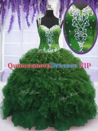 Designer Floor Length Green 15 Quinceanera Dress Straps Sleeveless Zipper