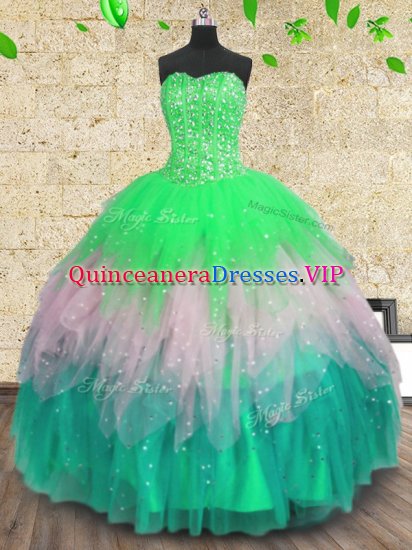 Inexpensive Multi-color Tulle Lace Up Sweetheart Sleeveless Floor Length Sweet 16 Dresses Beading and Ruffles and Sequins - Click Image to Close