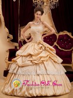 Coniston Cumbria Champagne Strapless Appliques With Beading Decorate Hand Made Flowers and Pick-ups For Quinceanera Dress
