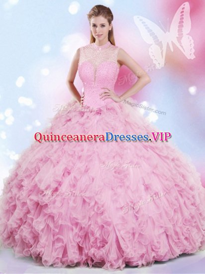 Latest Halter Top Rose Pink Lace Up Sweet 16 Quinceanera Dress Beading and Ruffles Sleeveless Floor Length - Click Image to Close